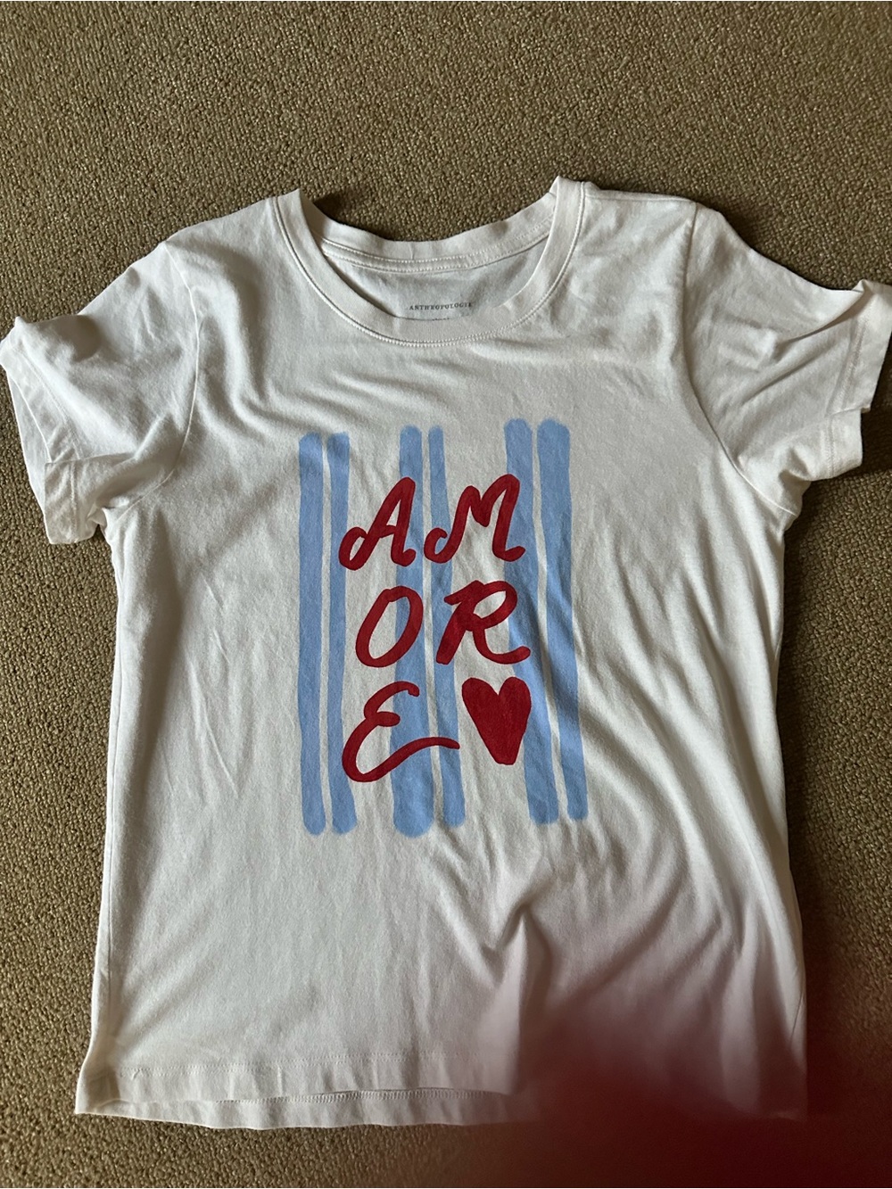 Anthropologie White Graphic Tee with Red 'AMORE' & Light Blue Stripes